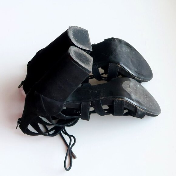 Steve Madden Black Suede Open Toe Lace Up Cut Out Block Heel Bootie Shoes Size 7 - Picture 12 of 14